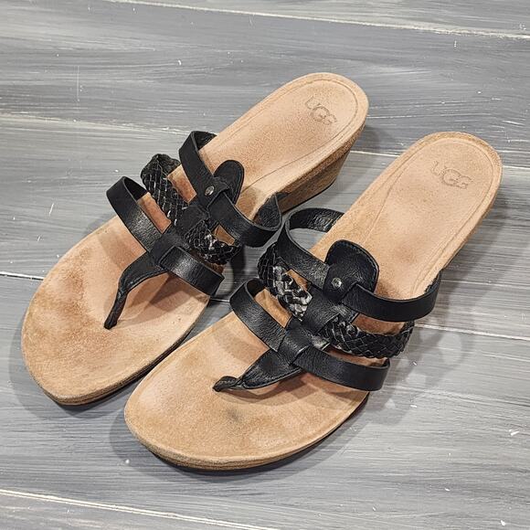 Ugg‎ Maddie Wedge Sandals Leather Cork Black Thongs Slip On Shoes Size 11 - Picture 3 of 11